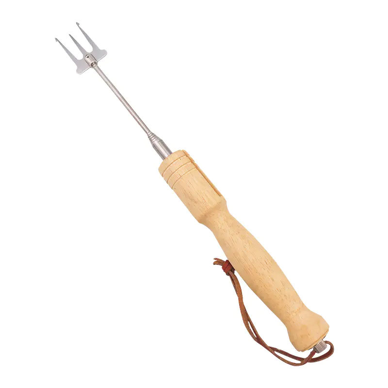 Extendable Stainless Steel Sticks BBQ Grill Tool with Trident Fork and Wooden Handle